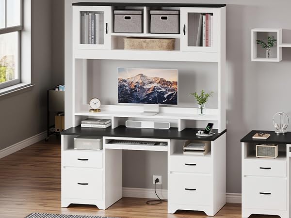 Bestier 77.8 H Executive Desk with Hutch Modern Wood Computer Desk with Drawers Charging Station LED Light Fluted Storage Cabinet Keyboard Tray 59 W Office Desk for Home Office White