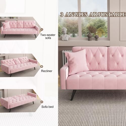 72 Pink Velvet Futon Couch Living Room Couch Bed Convertible Sleeper Sofa Bed with Cup Holder for Bedroom Guest Bed 2 Seater Reclining Sofas Couches with Nailhead Trim for Small Space (Pink)