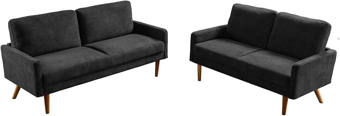 Kent 2 Piece Velvet Sofa and Loveseat Set European Style with Modern &amp Vintage Flair Upholstered 5 Seater Couch Chic Living Room Furniture Seating for Home Apartment or Office Black