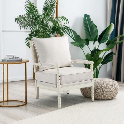 OSP Home Furnishings Kaylee Spindle Accent Chair with Antique White Wood Frame White Linen Fabric
