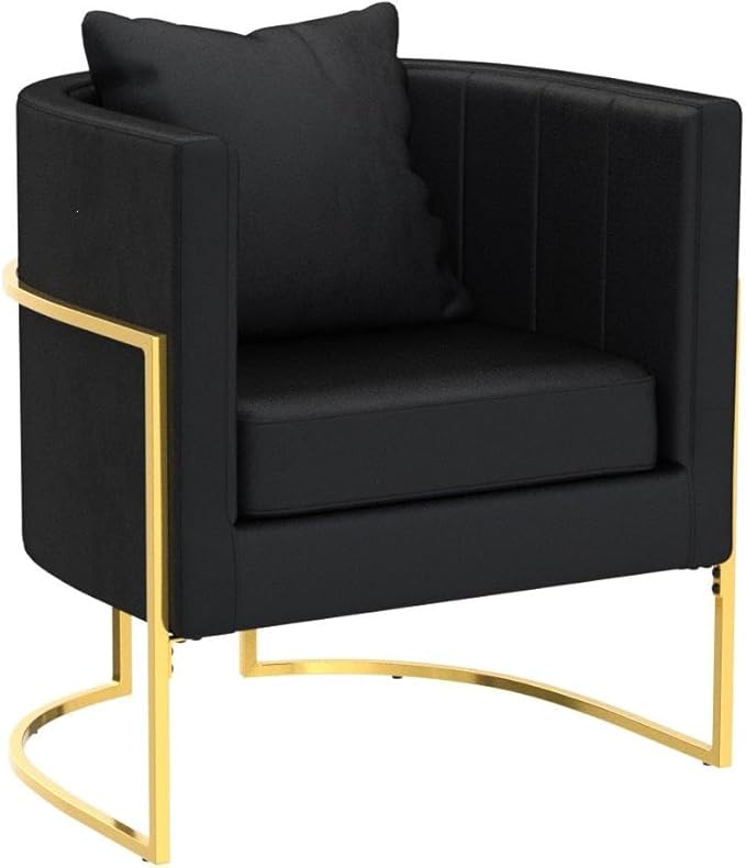 Velvet Modern Accent Chair Upholstered Barrel Armchair Mid Century with Pillow for Living Room Comfy Single Vanity Chair with Metal Gold Legs for Bedroom Black