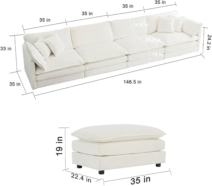 kevinplus 146.5'' Modular Sectional Sofa Couch with Ottoman for Living Room Modern Contemporary U-Shaped Sofa Couch for Apartment Office Chenille Fabric White (4-Seat Couch + 2 Ottoman)