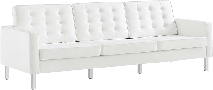Modway Loft Tufted Button Faux Leather Upholstered Sofa in Silver White