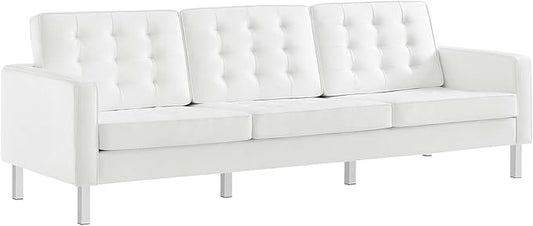 Modway Loft Tufted Button Faux Leather Upholstered Sofa in Silver White