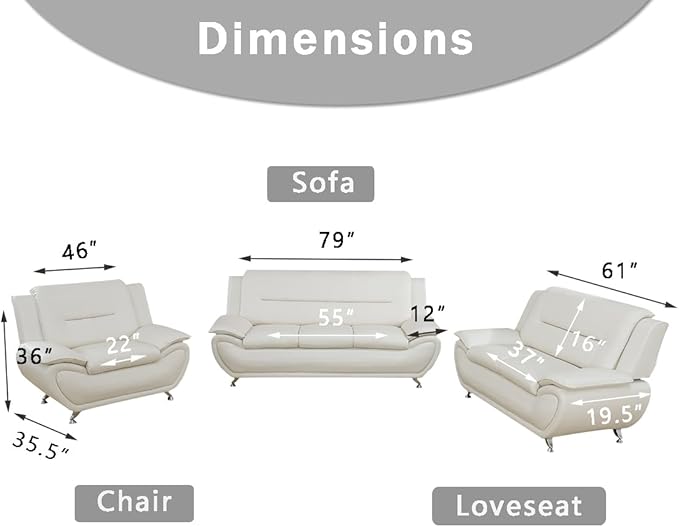 Leather 2 Piece Sofa Set Sectional Couch Modern Sofa for Living Room Bedroom - B-Creamy White