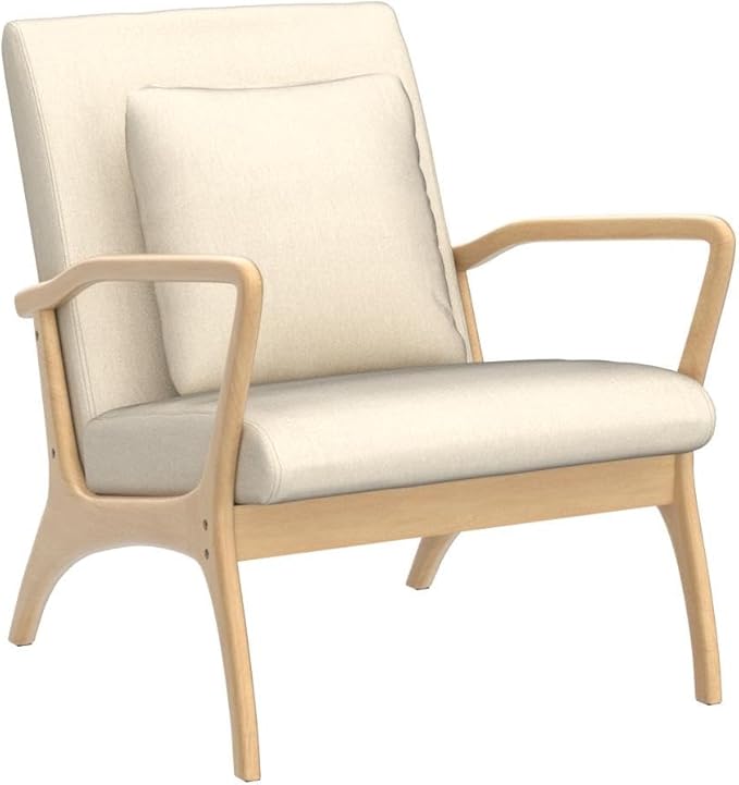 ELUCHANG Accent Chair with Lumbar PillowMid-Century Modern Armchair Linen Fabric Comfy Reading Lounge Side Chair for Living Room Bedroom ApartmentEasy Assembly(Beige)
