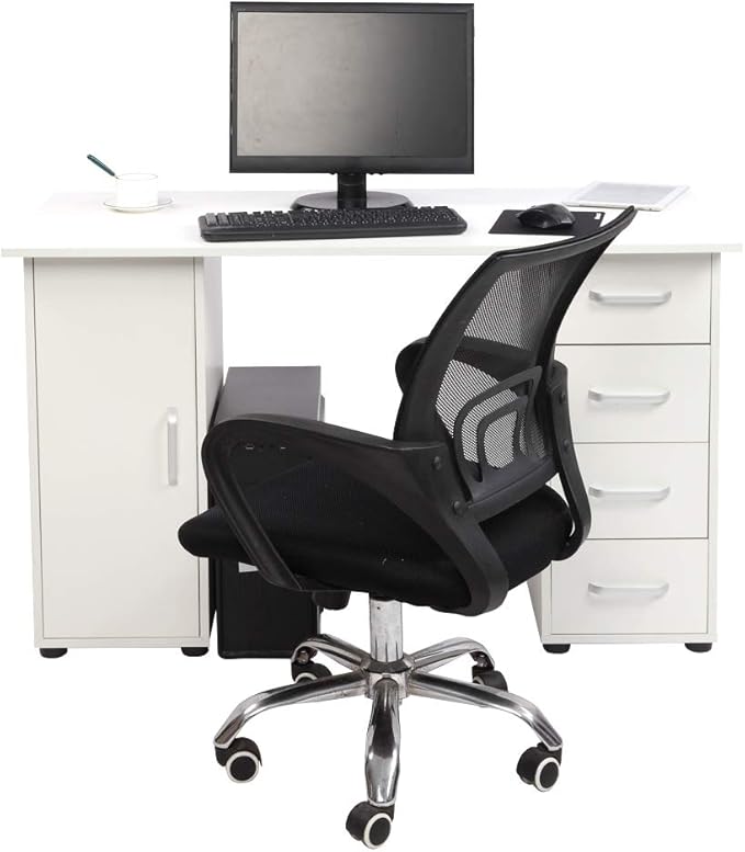 Rolling Computer Desk with Drawers and Storage Home Office Desk Modern Work Study Writing Table Desk for Small Spaces White Mobile Desk Desk on Wheels Computer Desk Laptop Table 120 x 54 x 74CM