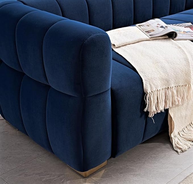 Art Deco Velvet Sofa with Tufted Low Back Design Sophisticated 3 Seater Couch for Living Rooms 89 Inch Wide Easy Assembly Blue