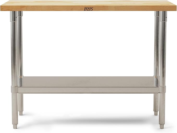 John Boos Maple Wood Top Work Table 48”x24”x36” – 1.5” Thick Tabletop 86-lb Kitchen Station with Wooden Edge-Grain Table &amp Steel Base &amp Adjustable Shelf