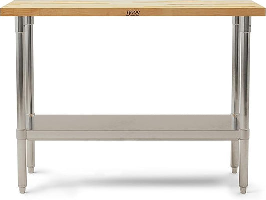 John Boos Maple Wood Top Work Table 48”x24”x36” – 1.5” Thick Tabletop 86-lb Kitchen Station with Wooden Edge-Grain Table &amp Steel Base &amp Adjustable Shelf