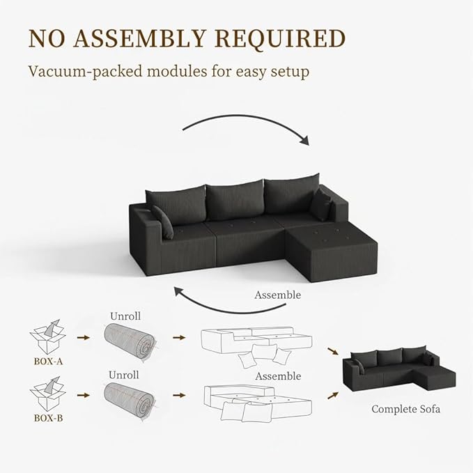 Cloud Modular Sectional Sofa L-Shape Boneless Couch Modern Corduroy Sofa with Chaise Lounge No-Assembly Required Deep Seat Modular Cloud Couch for Living Room Apartment Black