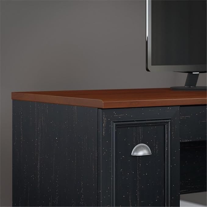 Bush Home Fairview 60W L Shaped Desk with Drawers and Storage Cabinet in Antique Black and Hansen Cherry
