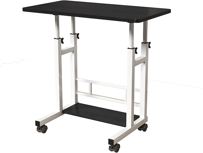 Adjustable Height Mobile Computer Desk – Portable Rolling Workstation with Wheels and Lockable Casters – Take a seat Stand Tabletop Storage Basket Treadmill Compatible