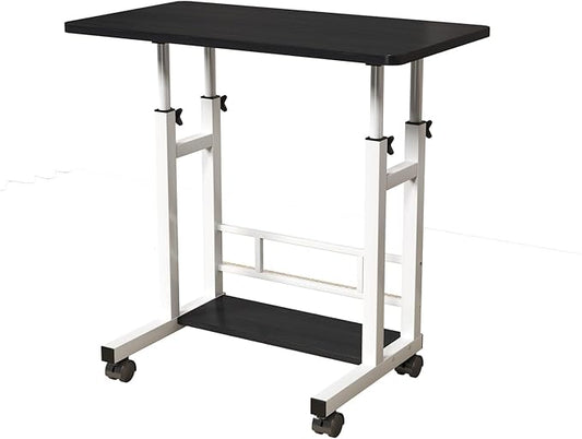 Adjustable Height Mobile Computer Desk – Portable Rolling Workstation with Wheels and Lockable Casters – Take a seat Stand Tabletop Storage Basket Treadmill Compatible