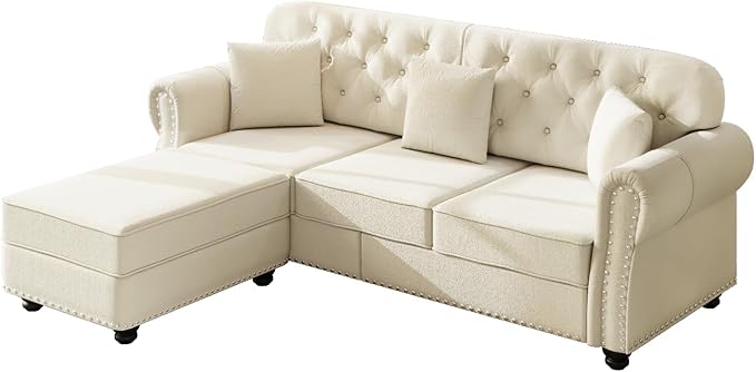 82.6 Beige Velvet Sofa with Nailhead Trim &amp Rolled Arms Classic Chesterfield Style 3-Seater Couch with 3 Pillows &amp 1 Ottoman Mid-Century Modern Living Room Furniture for Home Decor