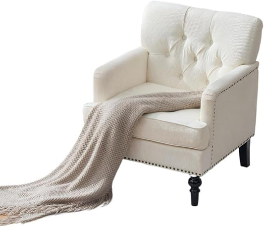 Tufted Club Chair Accent Chair with Lumbar Pillow Upholstered Button Armchair Linen Fabric Sofa Chairs for Bedroom Living Room Mid Century Modern with Studded Reading Chair Beige