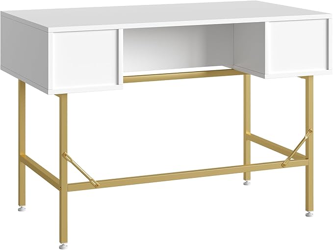 Bestier 47.6 Inch Fluted Computer Writing Desk with Drawers for Home Office White and Gold Vanity Desk Modern Simple Makeup Desk for Bedroom