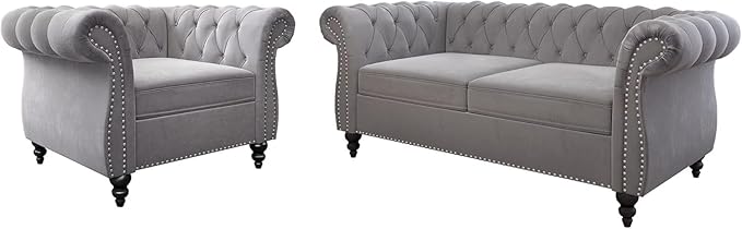 Chesterfield Loveseat Sofa Modern Velvet Small Sofa Couch 2 Seater with Rolled Arms and Nailhead Mid Century Modern Loveseat Couch for Small Spaces Living Room Bedroom Apartment Grey