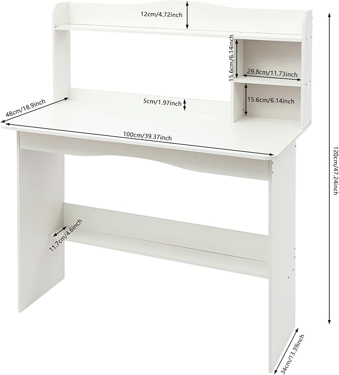 Computer Desk with Hutch - 40 Home Office Desk with Bookshelf &amp Lower Storage Shelf for Studying Gaming Table Computer Desk and Small Spaces (White)
