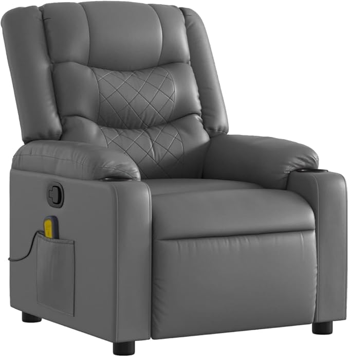 vidaXL Ergonomic Massage Recliner Chair-Adjustable Faux Leather Armchair w/Vibration Manual Recline Cup Holders for Living Room/Lounge-Gray
