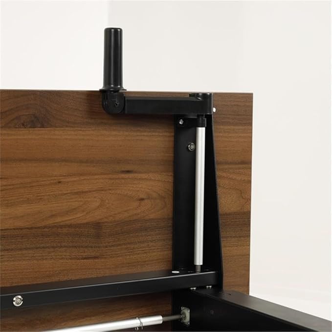 Pemberly Row Adjustable Height Desk 47.25 Wood Worksurface in Danish Walnut Black Steel Base Ergonomic Design Crank Height 27.75-47.5 in Home Office or Study Desk