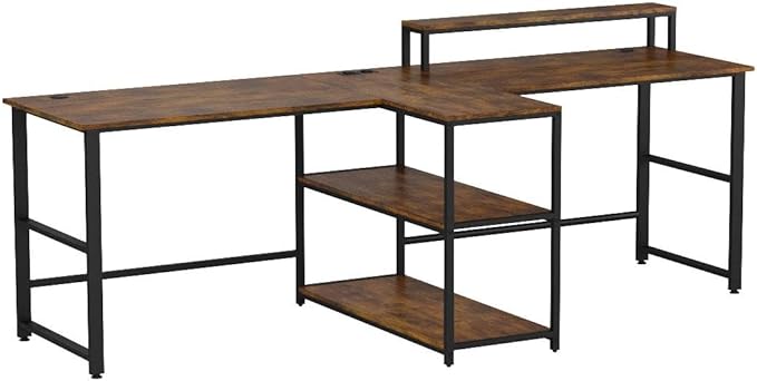 SEDETA 94.5 Home Office Desks Computer Gaming Desk with Storage LED Lights Power Strip with USB Keyboard Tray &amp Monitor Stand Extra Long Double Desk for 2 Person Rustic Brown