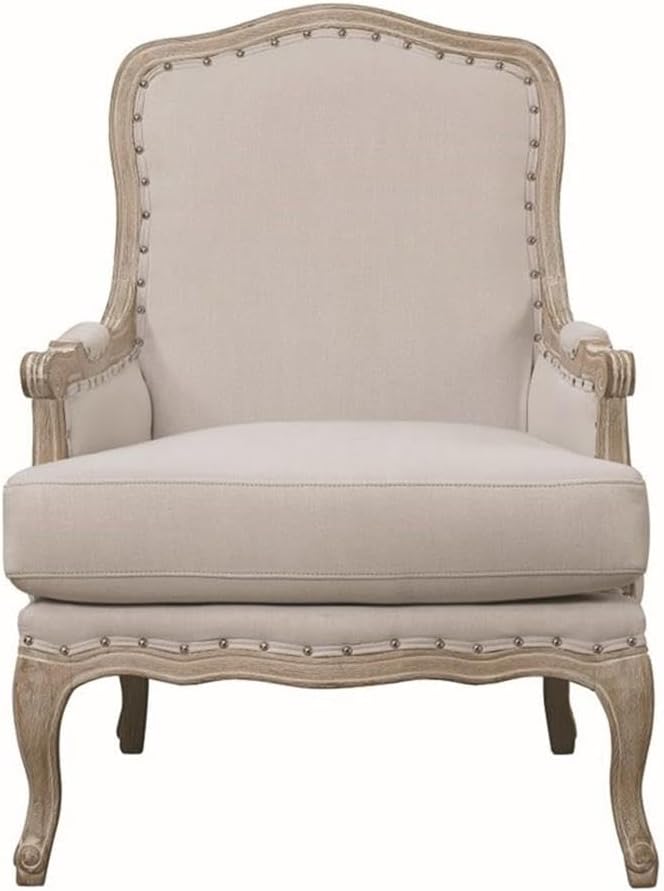 Pemberly Row Modern Wood Accent Chair Cream Upholstery Distressed Wooden Frame Taupe Finish Nail Head Trim Foam Cushions Cabriole Feet Living Room Furniture Indoor Seating