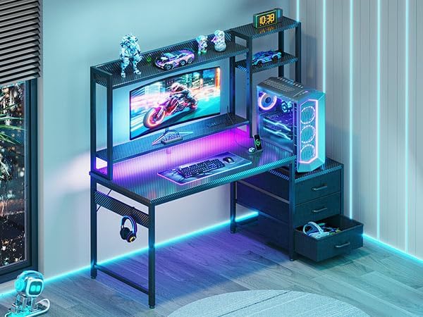 Casaottima 48 Inch Gaming Desk with Hutch &amp 3 Fabric Drawers Computer Desk with USB Ports &amp LED Lights Reversible Pc Gamer Table with Monitor Stand for Home Office Carbon Fiber Black