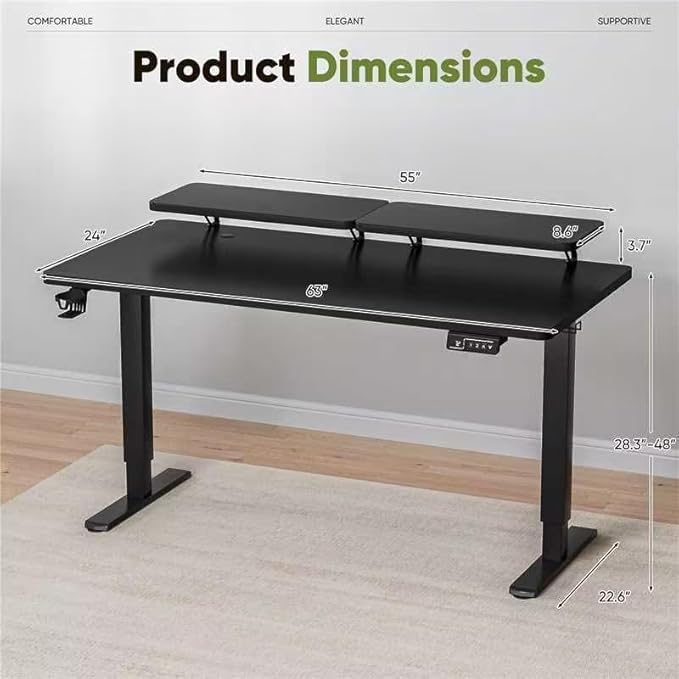Shahoo Electric Standing Desk with Monitor Shelf 63 x 24 Inches Height Adjustable Corner Table Computer Workstation with Cup Holder and Hook for Home Office Black 63x24 Inch