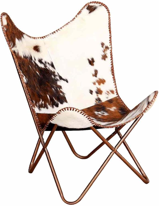 YAFF Brown &amp White Cowhide Leather Butterfly Chair – Ergonomic Comfort Iconic Style Lightweight &amp Durable Powder-Coated Iron Frame Perfect for Living Room Relaxation