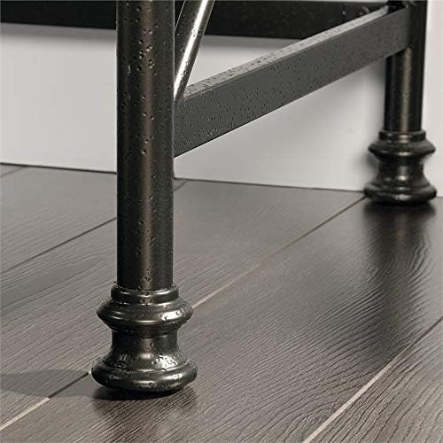 Pemberly Row L-Shape Wood and Metal Computer Desk Northern Oak Finish 60.75 in Wide Built-in USB Ports Cord Management Pencil Drawer Elevated Shelving Industrial Style Home Office Desk