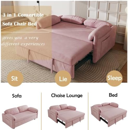 54'' Corduroy 3-in-1 Convertible Sofa Bed Pull Out Sleeper Loveseat Couch with USB Ports &amp Storage Pockets Futon Couches for Small Space Living Room Apartment (Pink)