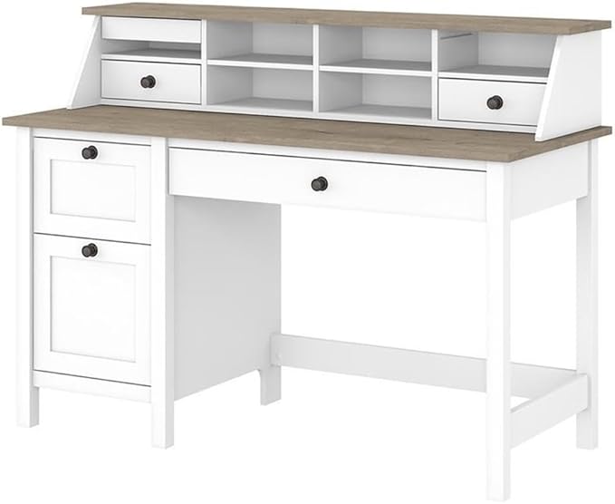 Pemberly Row 54W Computer Desk with Drawers and Organizer Shiplap Gray and White Finish Engineered Wood Modern Farmhouse Style 54W x 23D Home Office Desk with Storage