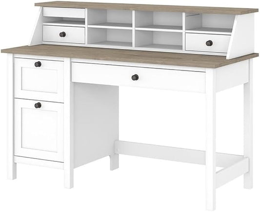 Pemberly Row 54W Computer Desk with Drawers and Organizer Shiplap Gray and White Finish Engineered Wood Modern Farmhouse Style 54W x 23D Home Office Desk with Storage
