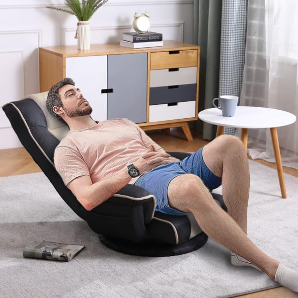 FLOGUOR 360 Degree Swivle Adjustable Floor Chair Chaise Lounge Indoor Folding Lazy Sofa with Armrests and Side Pocket Adults Gaming Chairs for Living Room Bedroom Factory Price 201 (BK-GR)