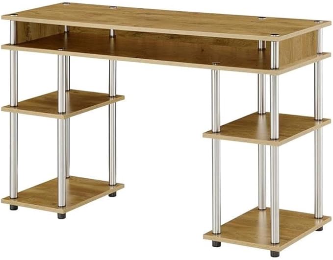 Pemberly Row No Tools Student Desk with Shelves 47.25 x 15.75 x 30 in Light Oak Wood Finish Particleboard Shelves Stainless Steel Legs Modern Home Office or Dorm Desk with Storage
