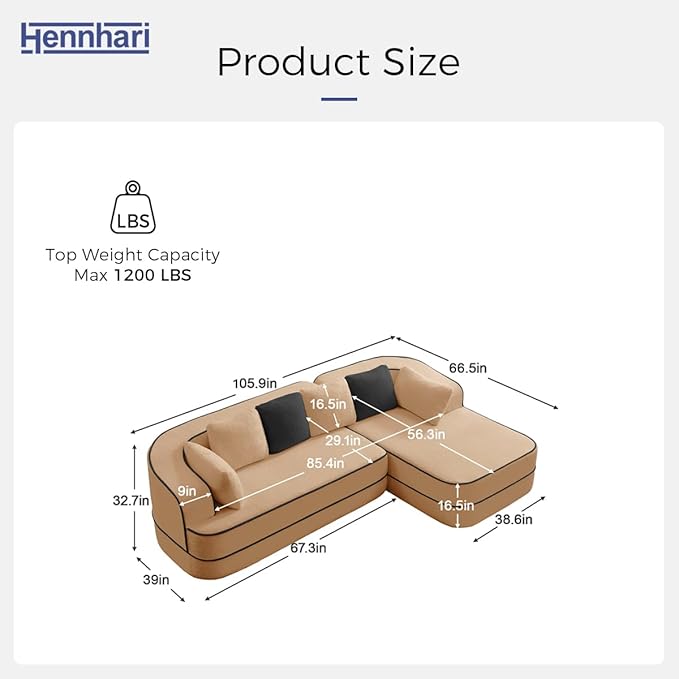 Boneless Sectional Couch with Memory Foam &amp Deep Seat Modular Sectional Sofa with Teddy Fabric for Living Room Cloud Couch with Facing Chaise No Assembly Required (Camel3 seat Right L)