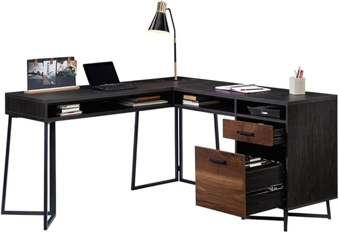 Pemberly Row Contemporary L-Shaped Computer Desk Engineered Wood and Metal Brew Oak Finish 57.48 in W 2 Drawers Cubbyhole Storage Cord Management Home Office Workstation