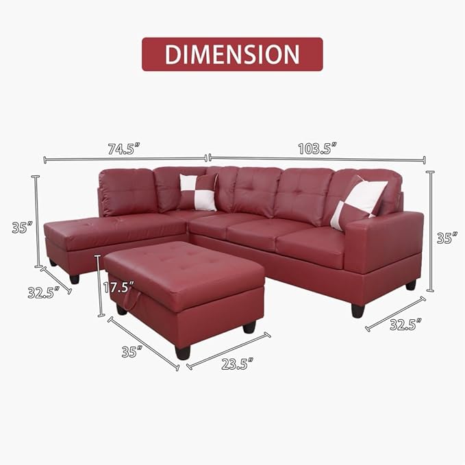 Red L-Shaped 3-Piece Faux Leather Sofa with Storage Ottoman Set Sectional Couch Leather-Like Sofa Set for Living Room Office Small Space