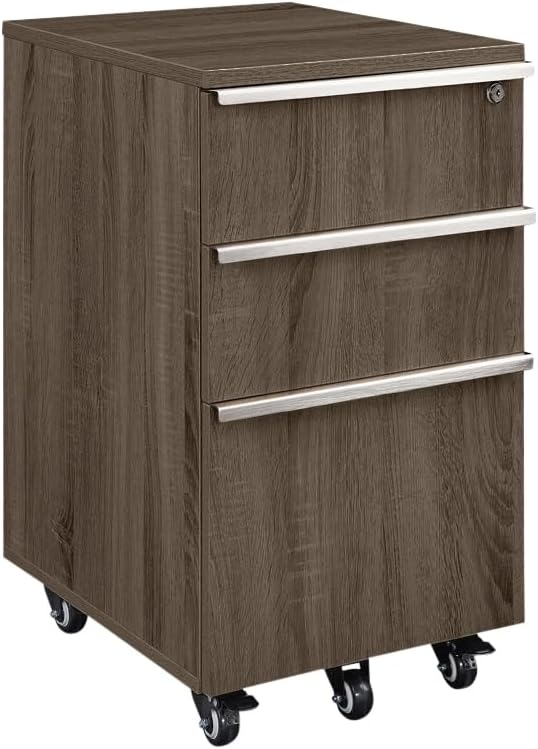 NBF Three-Drawer Mobile Pedestal Storage - Southern Walnut | Rolling Cabinet Brushed Nickel Hardware Secure Storage