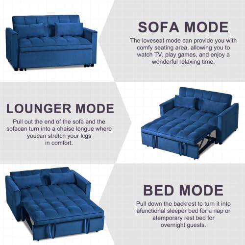 Modern Velvet Sofa Bed with 3-Level Adjustable Backrest &amp Included Pillows Pull Out Convertible Sleeper Chair with High Density Foam for Small Spaces (Blue)