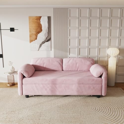 54'' Corduroy 3-in-1 Convertible Sofa Bed Pull Out Sleeper Loveseat Couch with USB Ports &amp Storage Pockets Futon Couches for Small Space Living Room Apartment (Pink)