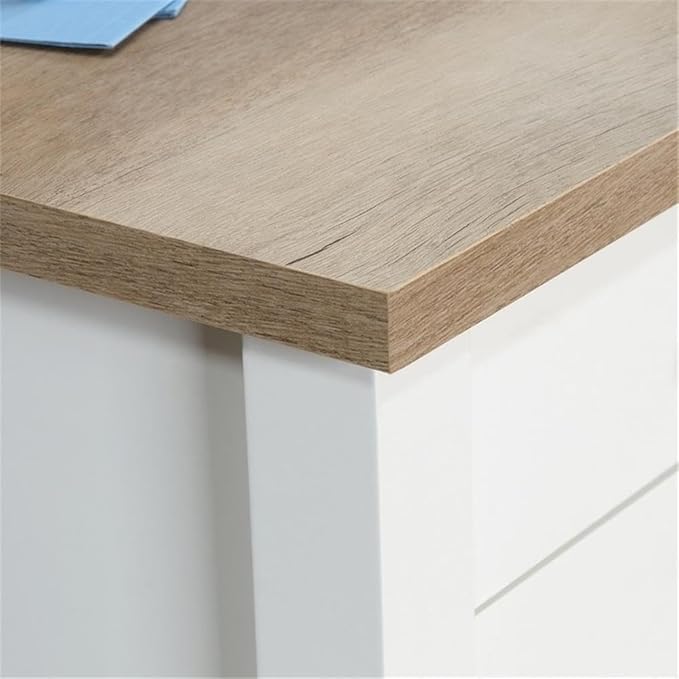 Pemberly Row L-Shaped Engineered Wood Home Office Desk Soft White and Lintel Oak Finish 65 in Wide Spacious Work Surface with Storage Drawers and Shelf Cord Management Versatile Placement