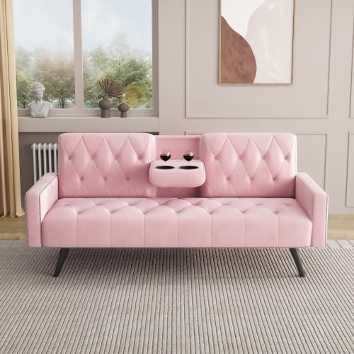 72 Pink Velvet Futon Couch Living Room Couch Bed Convertible Sleeper Sofa Bed with Cup Holder for Bedroom Guest Bed 2 Seater Reclining Sofas Couches with Nailhead Trim for Small Space (Pink)