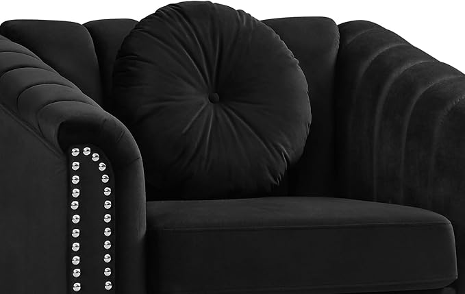Chesterfield Loveseat Couch 60 Inch Luxurious Velvet Modern Love Seat Chesterfield Settee Sofa Upholstered Rolled Arm with Rivets/2 Button Tufted Pillow 2 Seater Sofa for Living RoomBlack