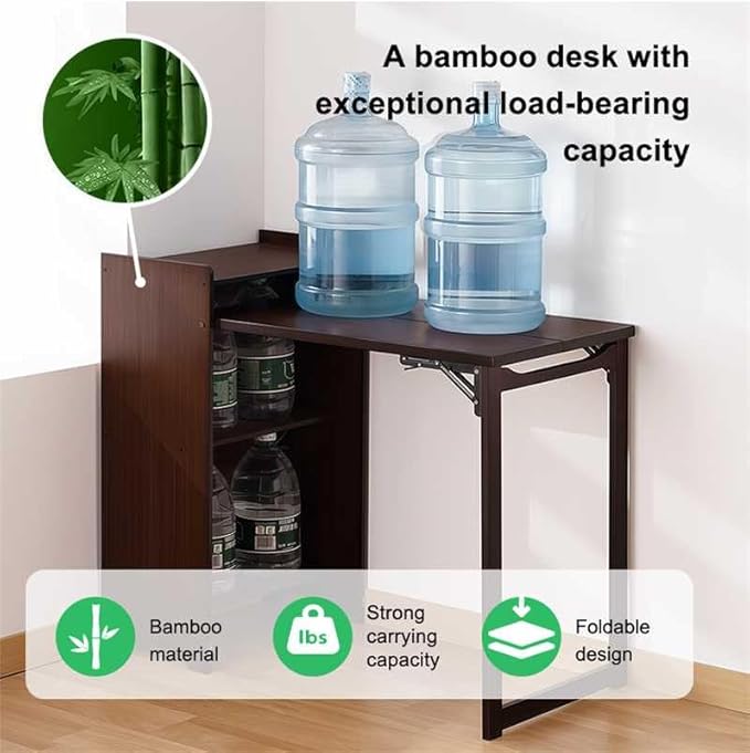 Folding Computer Desk with Storage Cabinet Brown Space-Saving Design for Home Office