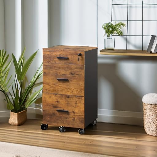 DEVAISE 3 Drawer Rolling File Cabinet with Lock Wood Filing Cabinet fits Letter / A4 Size for Home Office Rustic Brown