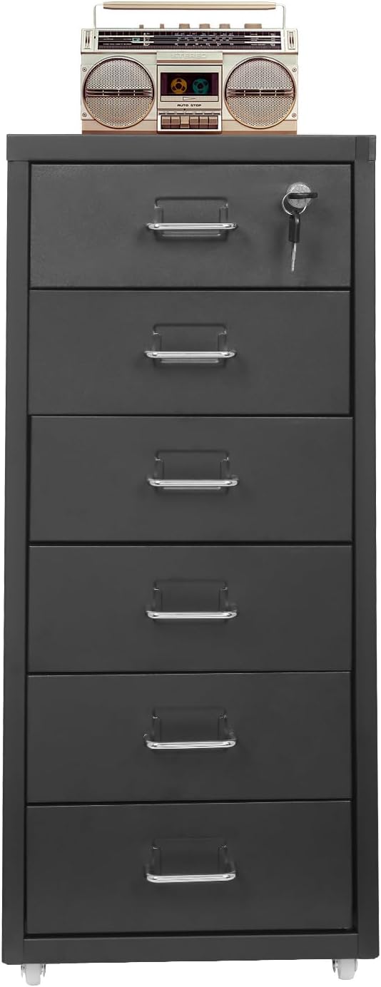 6 Drawer Metal File Cabinet Vertical File Cabinet with Wheels &amp Label Frame Movable Filing Cabinets with Lock for Office and Home - Assembly Required （ Black ）
