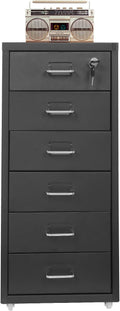Office File Cabinet w/4 Wheels 6 Drawer Metal Small Vertical File Cabinets w/2 Lock Smooth Edges Mobile Storage Cabinet File Organizer for Home Office Living Room 11 * 16 * 27in (Black)