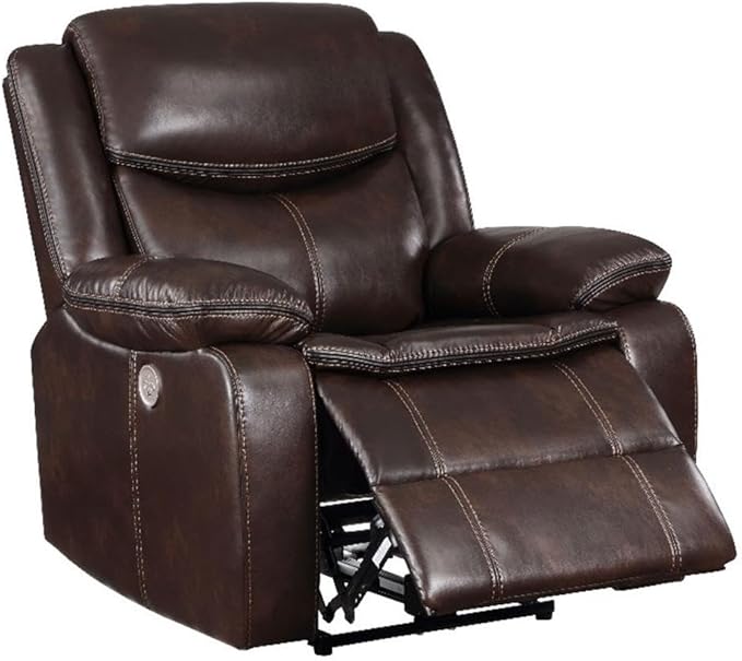 Pemberly Row Faux Leather Power Recliner Chair Dark Brown Upholstered USB Port 40.25 H x 39 W x 37 D Plush Cushions Modern Living Room or Den Seating Contour Tufting Comfortable Relaxation
